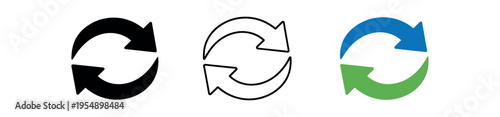 Three circular refresh icons shown as solid, outline, and two-color versions representing a reload or sync action.