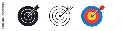 Three target bullseye icons with an arrow, shown in solid, outline, and colorful styles.