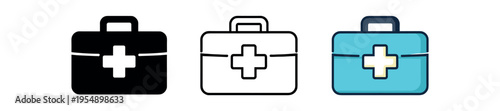 Three simple medical kit icons showing a handled case with a cross in filled, outline, and colored styles.