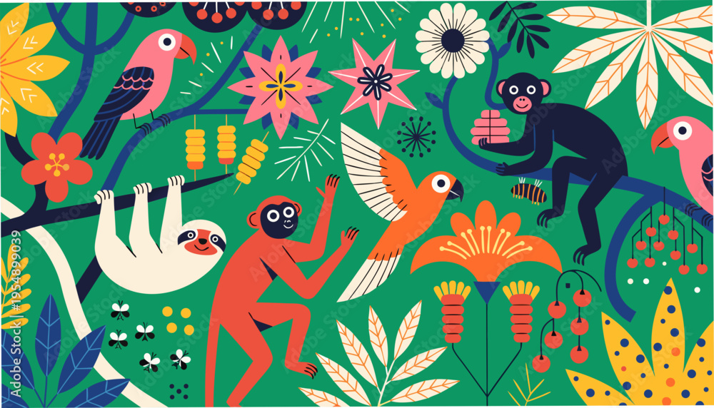 Obraz premium Intricate Vector Rendering of a Diverse Rainforest Scene with Tropical Wildlife and Flora