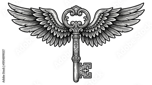 Dynamic line illustration of a winged key soaring in open space, captured from a frontal perspective, evoking empowerment and freedom