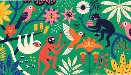 Intricate Vector Rendering of a Diverse Rainforest Scene with Tropical Wildlife and Flora