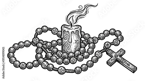 Serene monochrome illustration of a rosary beside a candle on a plain white surface, viewed from a calm contemplative perspective