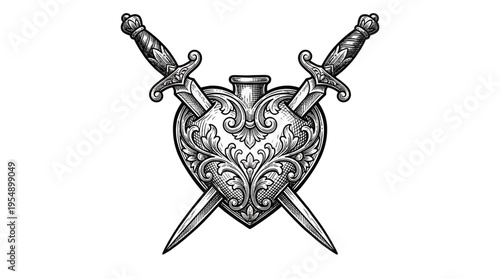 Close-up view of a gothic heart pierced by crossed daggers, black-white illustration showcasing dramatic intensity on a stark white canvas