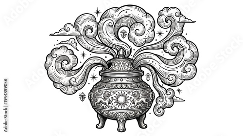 Mystical illustration of a patterned cauldron emitting swirling magical smoke, seen from a frontal viewpoint in a black‑and‑white line drawing