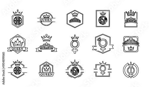 Queen logo set with crown and tiara outline emblems feminine luxury branding vector collection