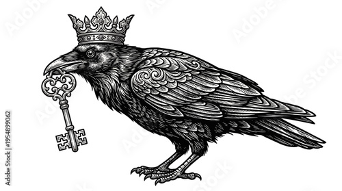 A crow wearing a crown clutching a key, rendered as a stark black-and-white illustration from a side profile viewpoint in a minimalist setting