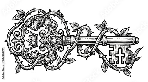 Viewing a detailed grayscale illustration of an ornate mystic key with swirling vines against a white background