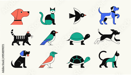 Minimalist Vector Icon Set of Common Household Pets