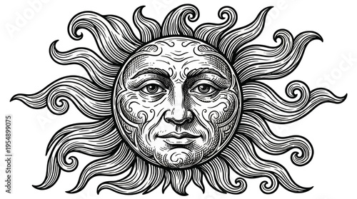 Close-up view of a detailed black‑white sun illustration with a human face, intricate patterns and wavy rays on a plain backdrop