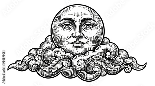 Surreal moon with human face gazing over swirling gray clouds in a dreamy ethereal illustration from a celestial viewpoint