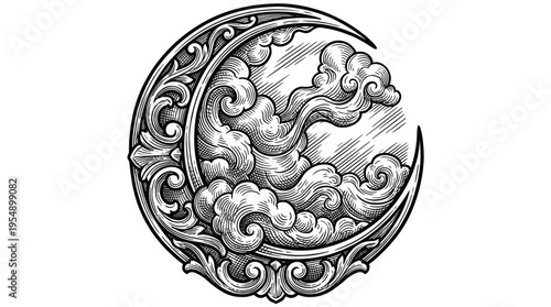 Elegant Black‑White Illustration of a Crescent Moon with Swirling Clouds, Ornate Border and Detailed Patterns, Viewed Straight On on a Plain Canvas