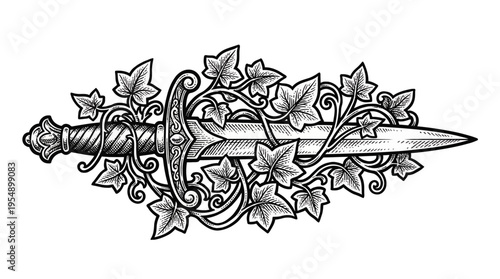 Elegant grayscale illustration of a twisted dagger with ornate filigree and curling ivy leaves, viewed head‑on against a stark white backdrop