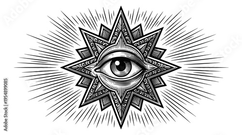 A detailed black‑and‑white illustration of an eye within a starburst design, viewed frontally on a plain backdrop