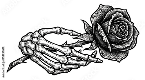 A skeletal hand gently grasps a dark rose in a stark black‑and‑white illustration, viewed from a side angle, highlighting eerie beauty and symbolism