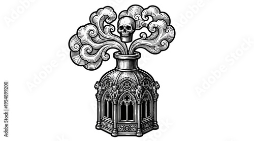 Illustration of an ominous ornate structure with a skull emerging from a carved dome, detailed monochrome design against stark white backdrop