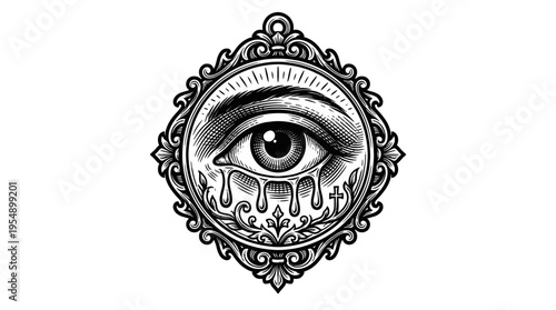 Close-up view of a crying eye framed by an ornate teardrop border, black and white illustration emphasizing somber introspection