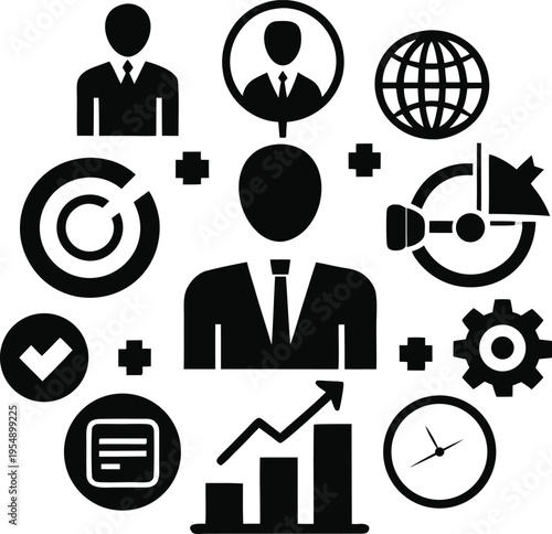 Set of 11 business icons vector, black on white