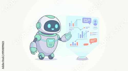 Robot presenting data on screen 1.