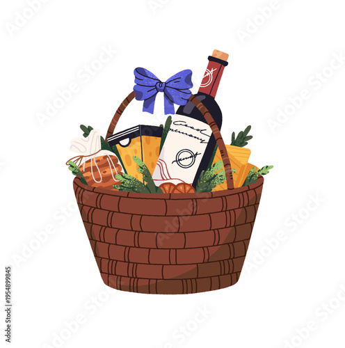 Gift basket with different treats. Present hamper with bottle of red wine, cheese, and cookies. Straw box with kit of groceries and ribbon bow. Flat isolated vector illustration on white background