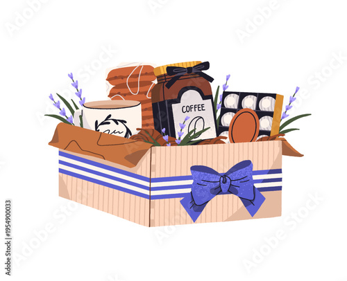 Gift basket with bottle of coffee and confectionery. Festive hamper decorated with bow. Surprise box with present kit: chocolate candies, cup and cookies. Flat isolated vector illustration on white