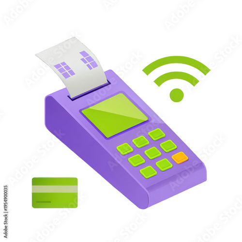 Pastel 3D e-commerce icon. Payment terminal with receipt paper and wireless symbol.