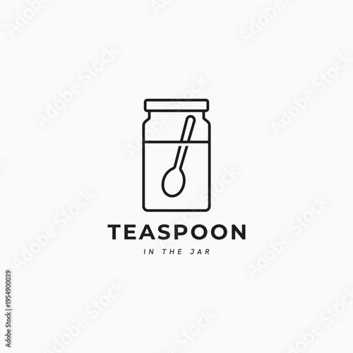 Teaspoon in jar line art logo design. Measuring tea spoon in sugar jar, spice, seasoning symbol logo icon sign
