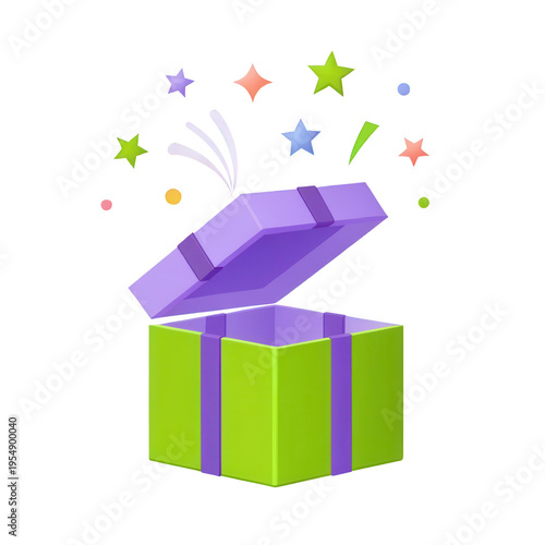 Pastel 3D e-commerce icon. A colorful gift box with an open lid and festive elements emerging from it.