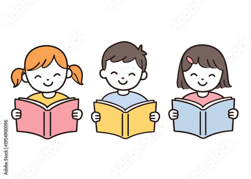 Children reading books with happy expressions