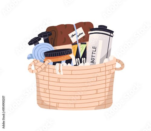 Straw gift basket for athletes with gym items kit. Festive hamper with sports product. Present box with dumbbells, food supplement, protein, bottle of water. Flat isolated vector illustration on white