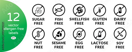 Allergen Free Food Labels Vector Set on White Background. Flat Signs Collection for Package Design. No gluten, nut, fish, trans fat, sesame, sugar, lactose, soy, dairy, shellfish, egg. 