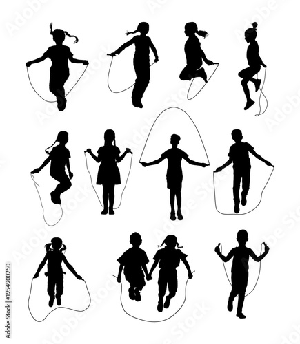 children jumping rope silhouette set various poses