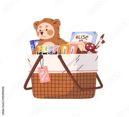 Basket with child gifts. Festive hamper with treats, teddy bear, books, stationery and toys. Straw box with different childish presents. Flat isolated vector illustration on white background