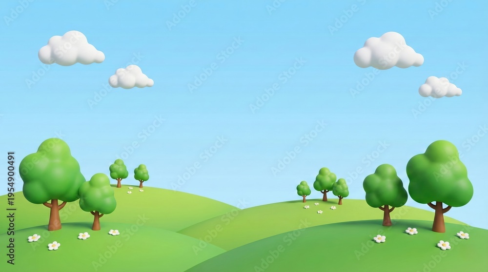 Fototapeta premium 3D cartoon landscape with green hills trees and white clouds