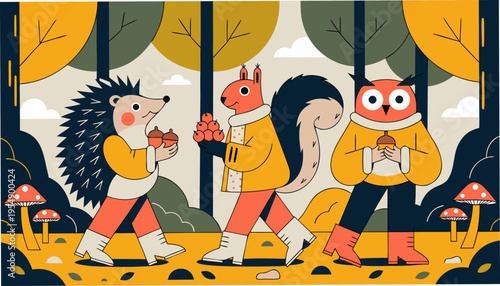 Set of Woodland Animals Including a Hedgehog, Squirrel, and Owl Collecting Food in a Forest Scene