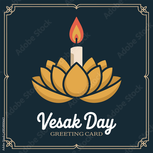 Vesak Day greeting card with lotus candle and ornate border