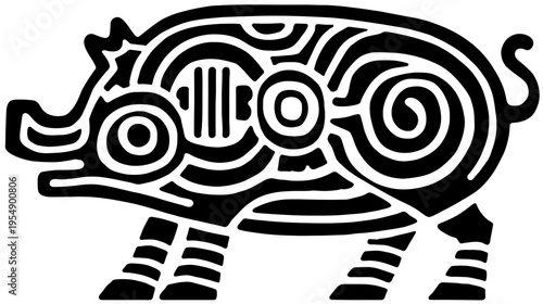 Stylized wild boar illustration with intricate tribal patterns. Black and white graphic of an abstract pig for decorative designs.