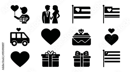 Collection of Love and Romance Silhouette Icons for Relationships, Wedding, Valentine's Day, and Anniversary Celebrations