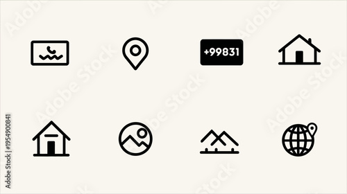 Modern Minimalist Line Icons Set. Travel, Location, Home, and Contact UI/UX Vector Collection on Light Background