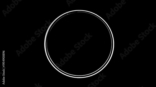 Minimalist glowing double circle outline on solid black background. Modern abstract geometric design, elegant empty frame element.
