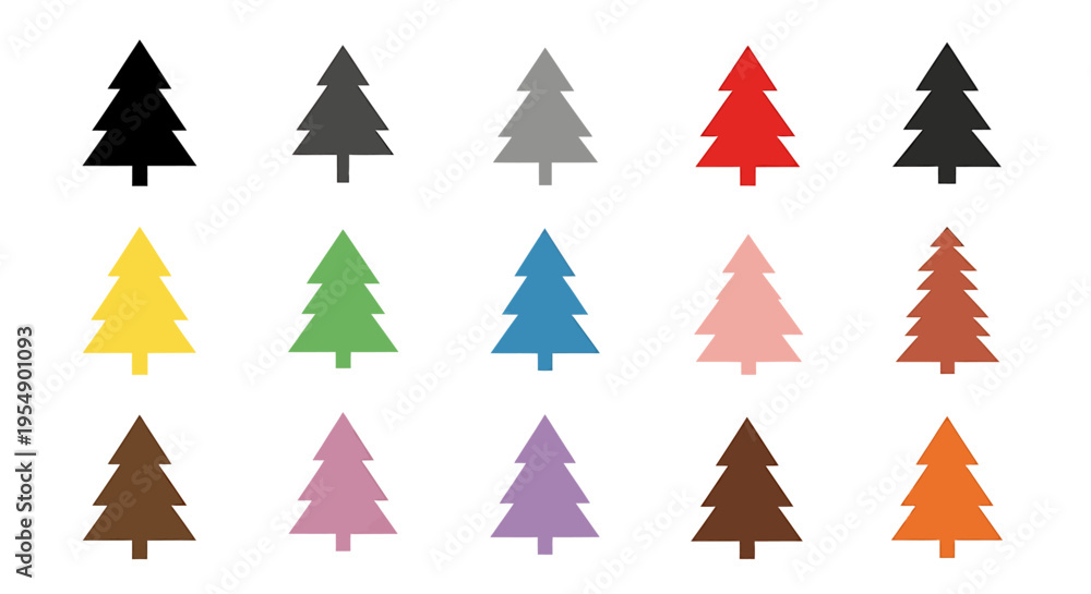 Obraz premium A collection of colorful stylized Christmas tree icons and symbols in various hues arranged on a white background, perfect for holiday designs.