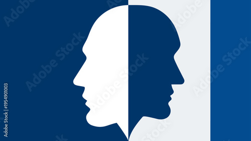 Abstract graphic of two opposing human head profiles in contrasting colors, representing duality, conflict, and different perspectives.