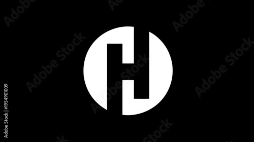 Minimalist geometric H letter design, abstract white circle icon on black background, modern logo concept, high contrast graphic element