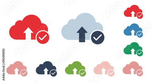 Collection of cloud upload and successful data transfer icons in various colors, representing cloud storage and synchronization.