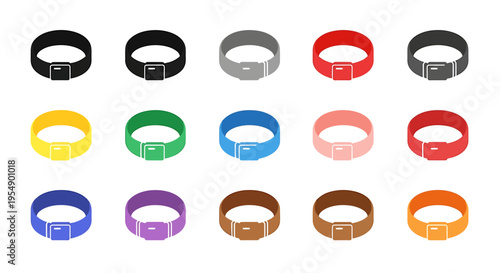 A collection of fifteen simple belts in various colors including black, grey, red, yellow, green, blue, pink, brown, purple, and orange, with basic buckles.