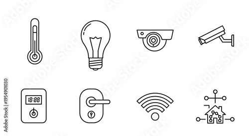 A collection of line icons representing various smart home devices and internet of things technology for automation and security.