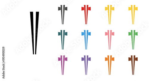 A collection of colorful chopsticks in various designs, including simple black and stylized versions in multiple hues like red, yellow, blue, and purple.