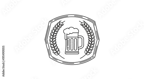 Black and white outline drawing of a beer mug with foam, flanked by wheat stalks within a decorative shield emblem.