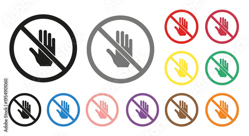 Collection of 'do not touch' or 'stop' hand gesture prohibition signs in various colors and styles, indicating restriction or warning.