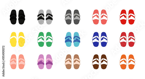 A vibrant collection of various colorful pairs of slippers and sandals neatly arranged in rows on a clean white background.